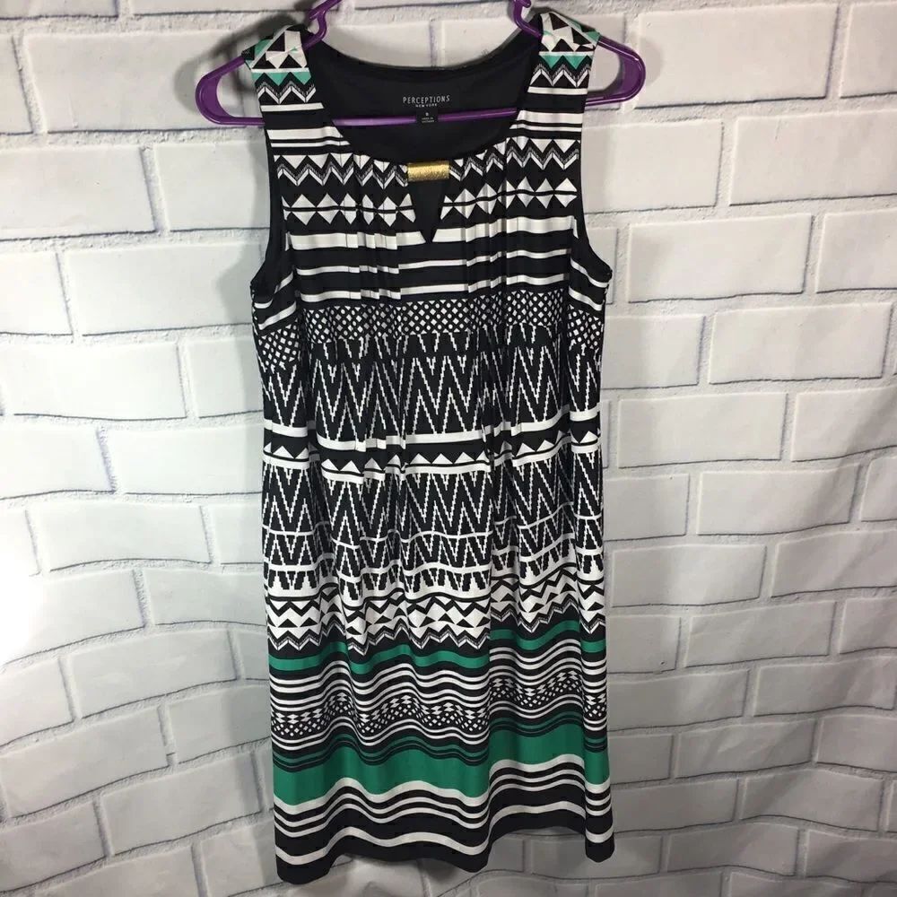 Women’s Perceptions Striped Geometric Sleeveless Dress Size 8 Black Green